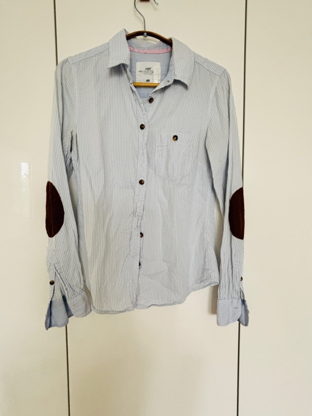 Light Blue Striped Button-Down Shirt with Brown corduroy Elbow Patches